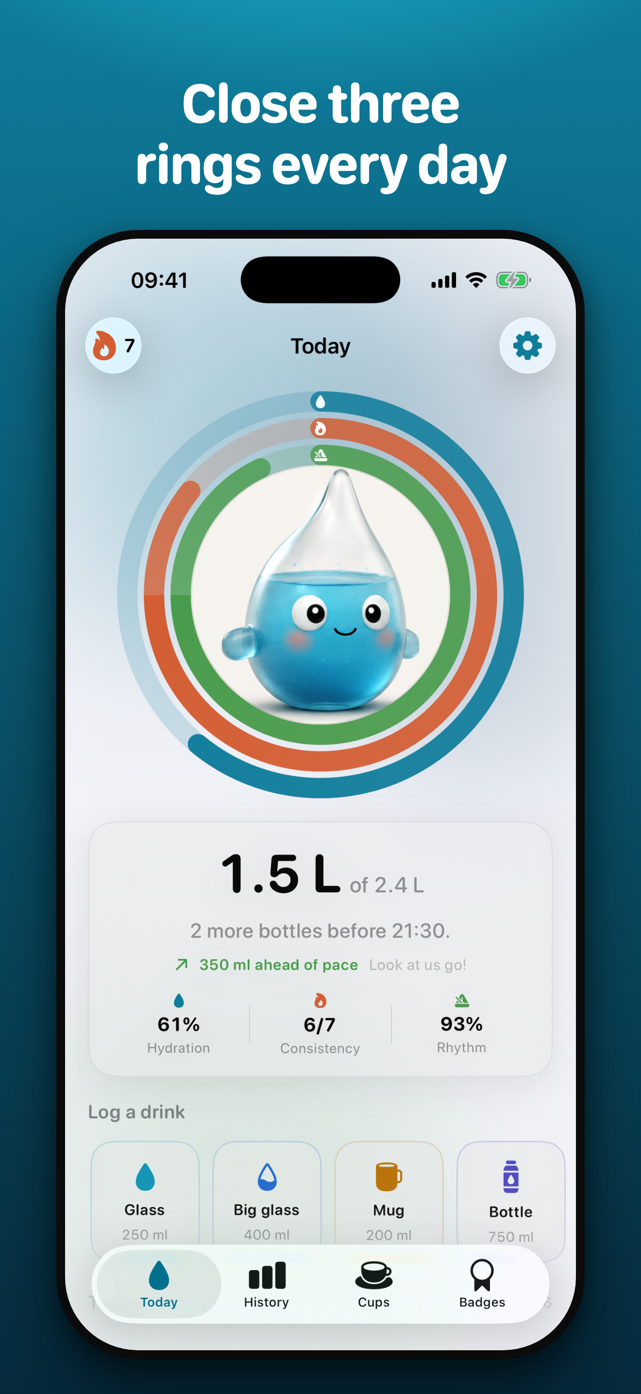 Gulpy Today screen — the mascot and three rings