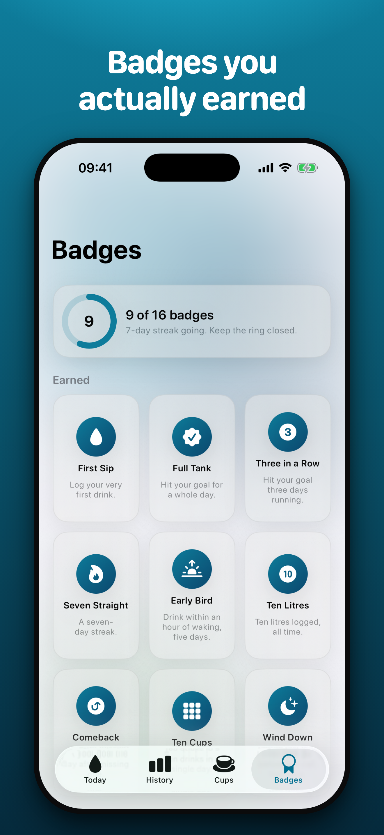 Gulpy badges screen — badges you actually earned